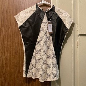 NWT Eva & Bernard 2013 Geometrical Knit 100% Leather Collar Blouse Women Size Sm